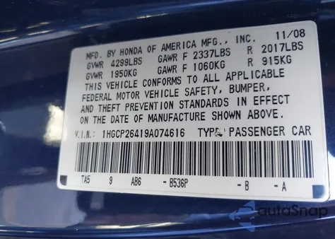2009 Honda Accord 2.4 Lx-P from USA, damaged, VIN 1HGCP26419A074616